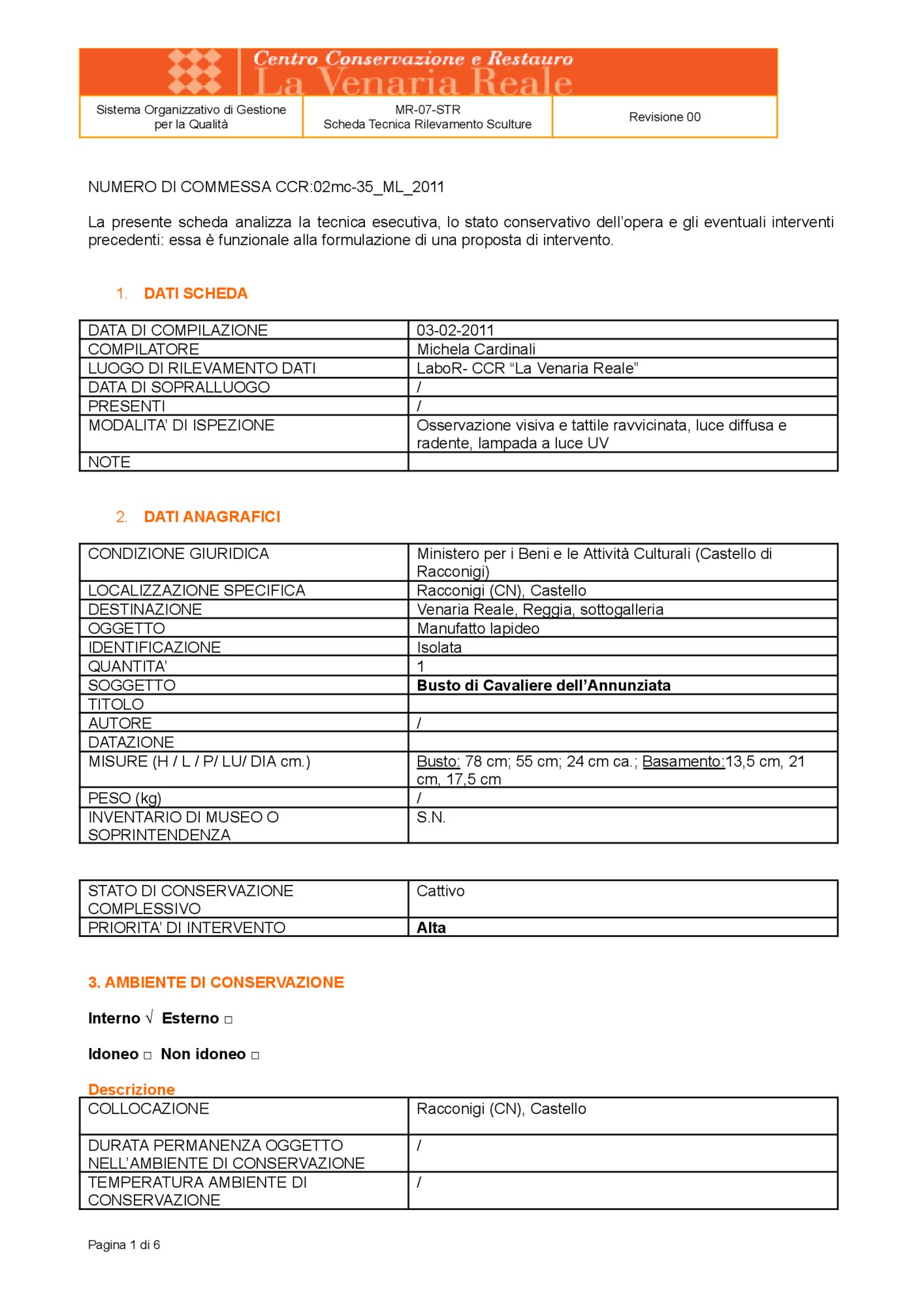 Scheda tecnica di rilevamento
