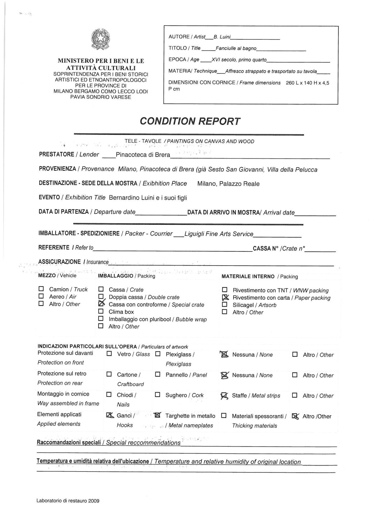 Condition report per mostra Palazzo Reale di Milano