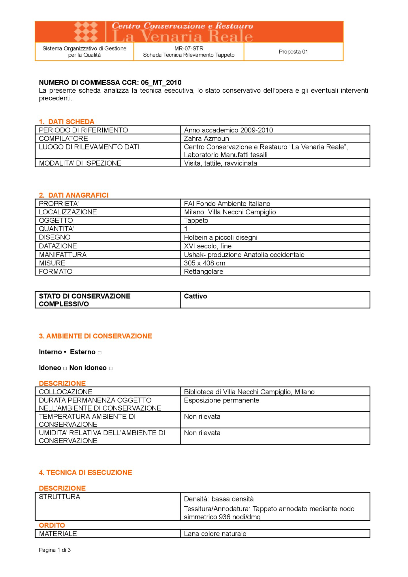Scheda tecnica di rilevamento