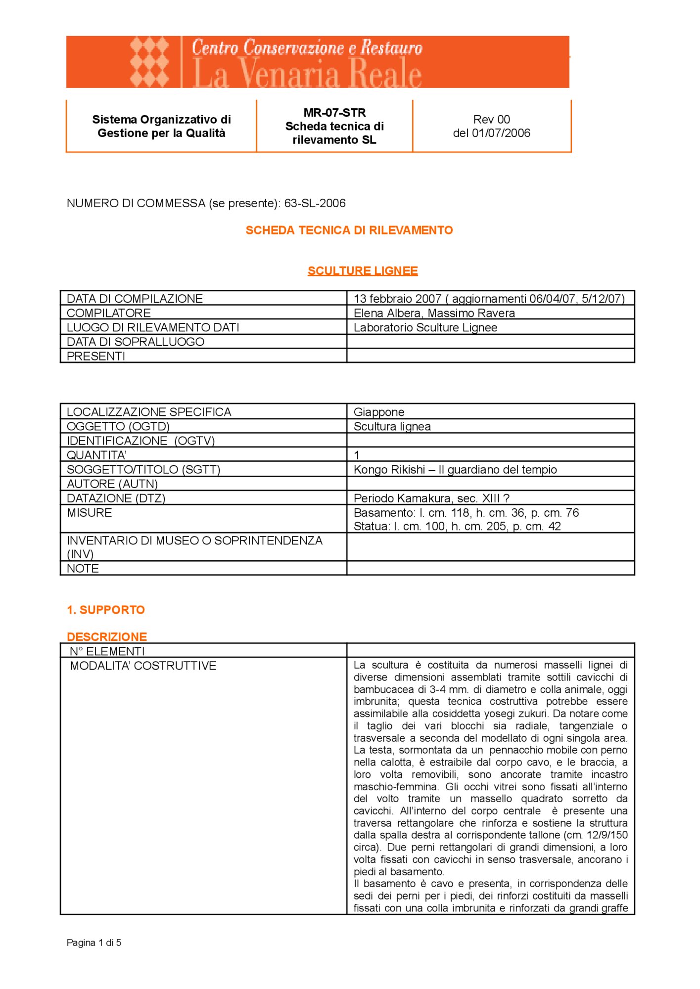 Scheda tecnica di rilevamento