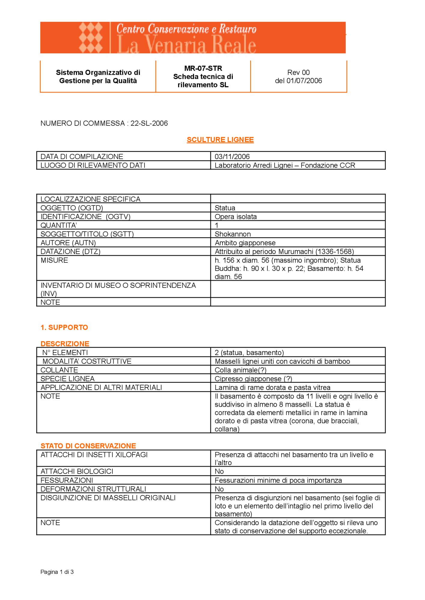 Scheda tecnica di rilevamento