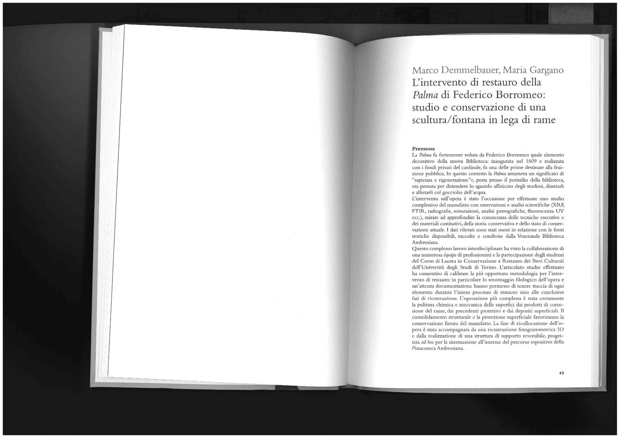 The Palm of Federico Borromeo: study, restoration and restitution of the seventeenth-century sculpture-fountain, curated by S. Abram, Cinisello Balsamo, Silvana Editoriale, 2019, pp.43-85