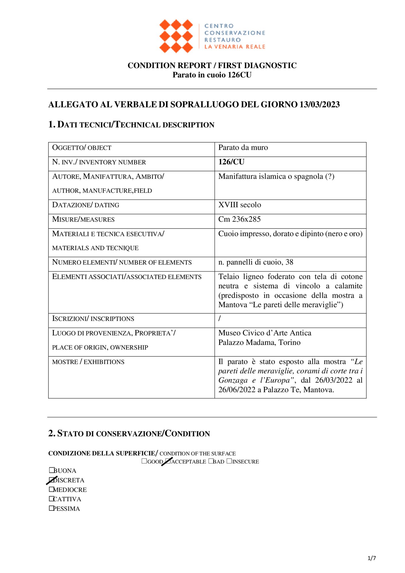 Condition report prima della mostra