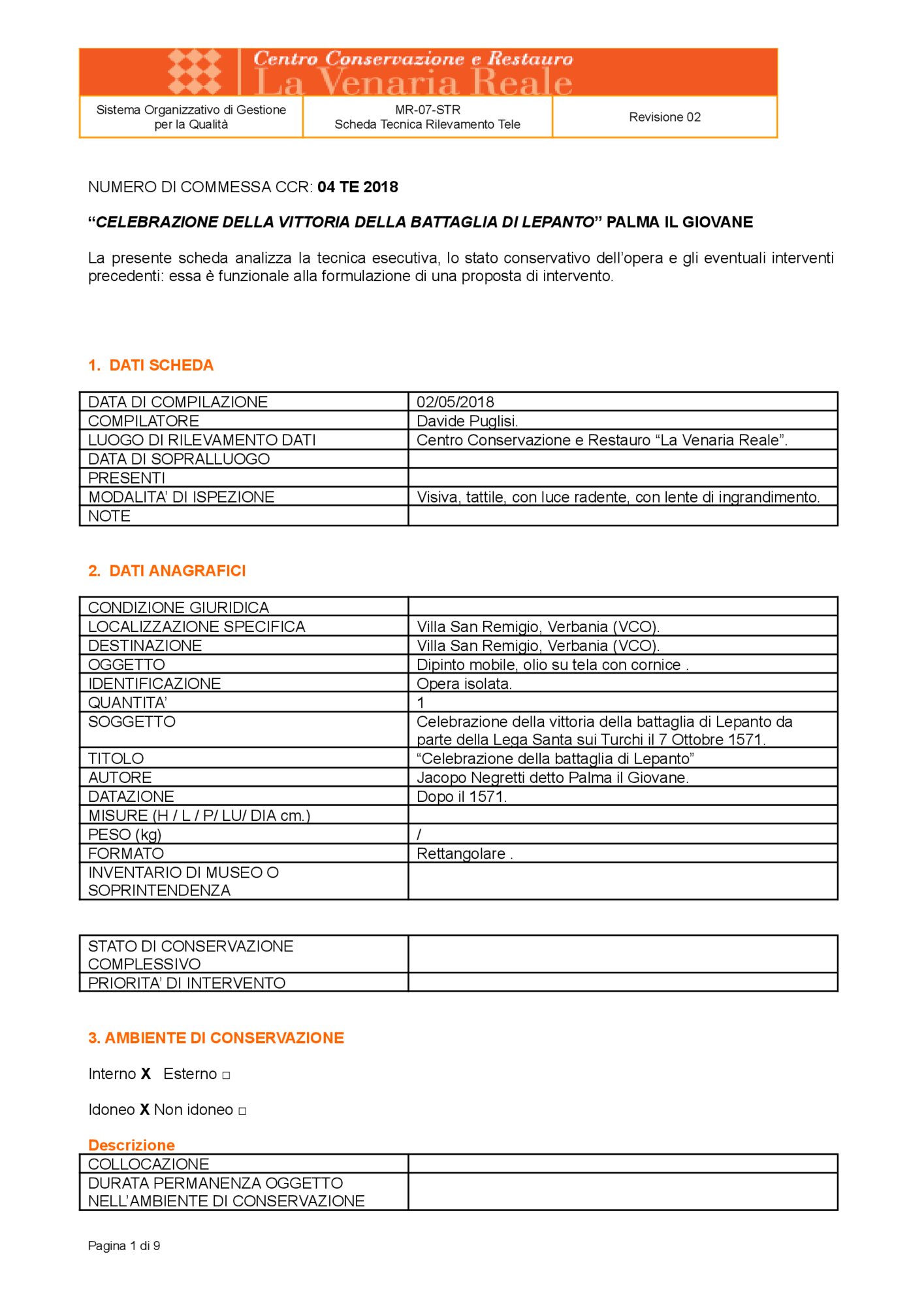 Scheda tecnica di rilevamento