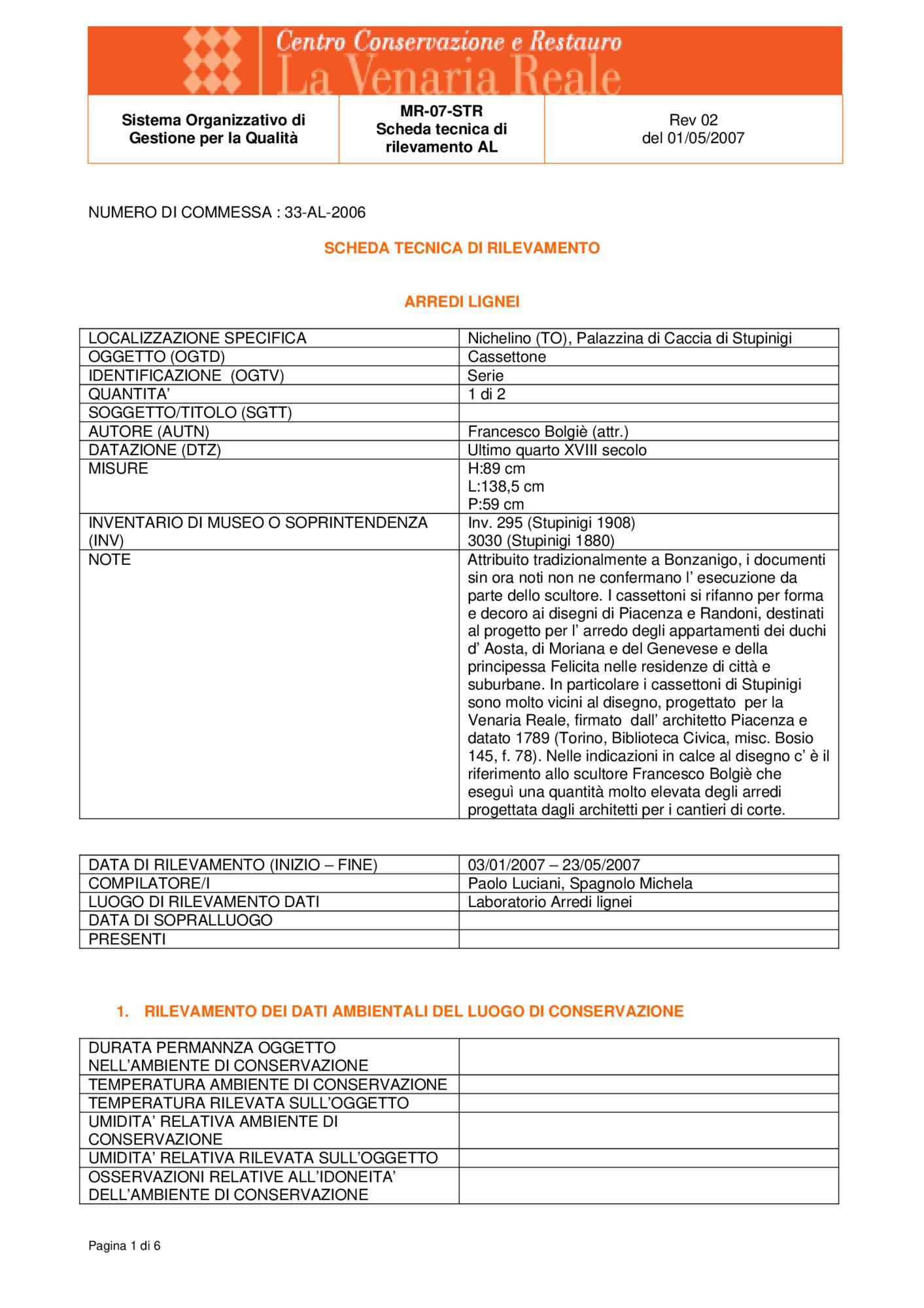 Scheda tecnica di rilevamento