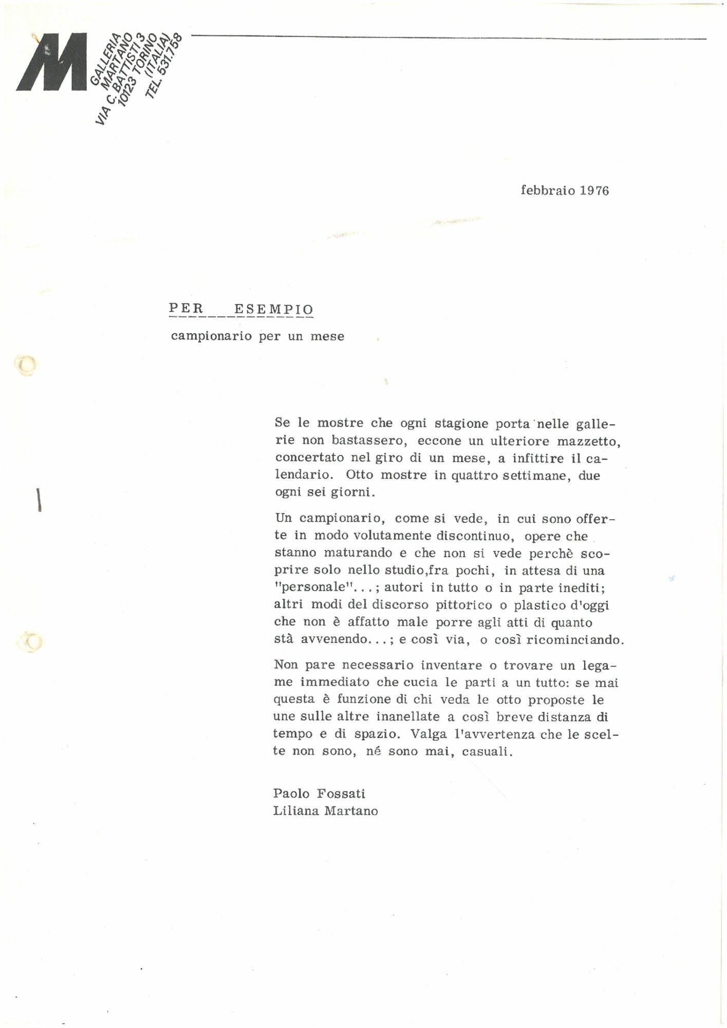 Per esempio. Campionario per un mese. Febbraio 1976