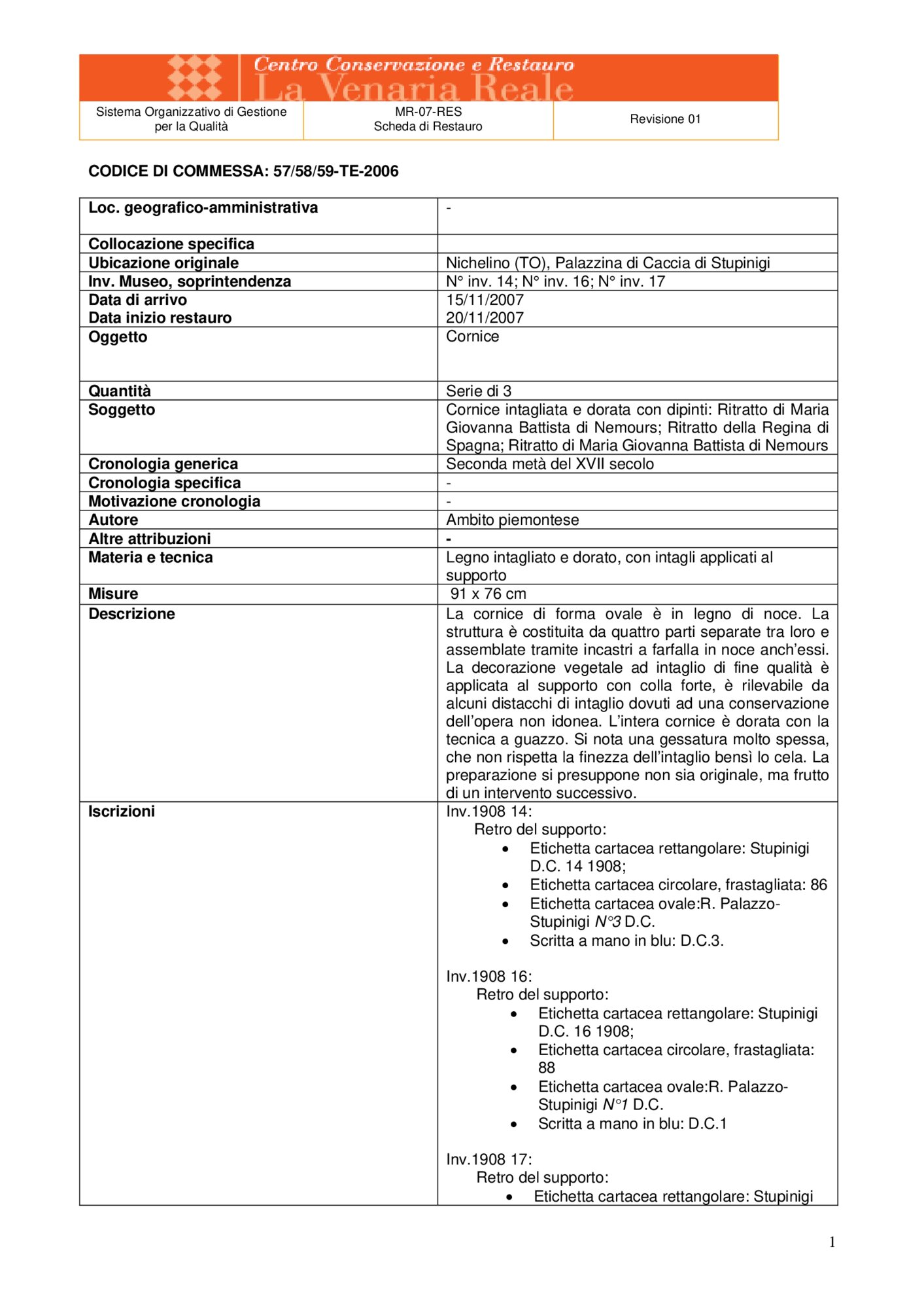 Restoration card frames Stupinigi inv. 14, 16, 17