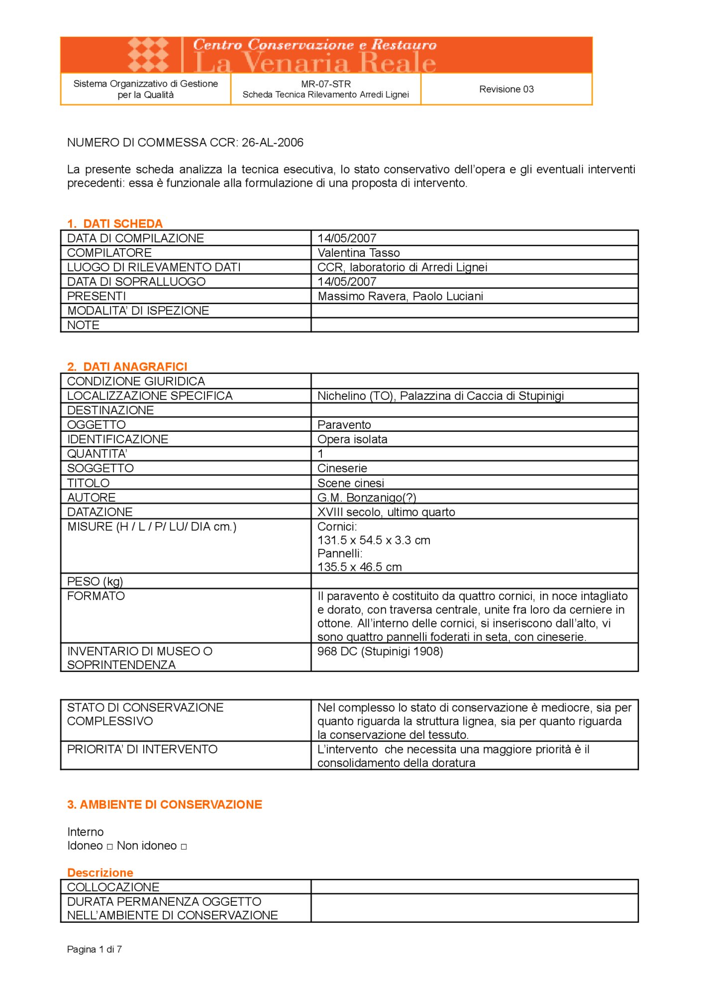 Wooden furniture survey data sheet