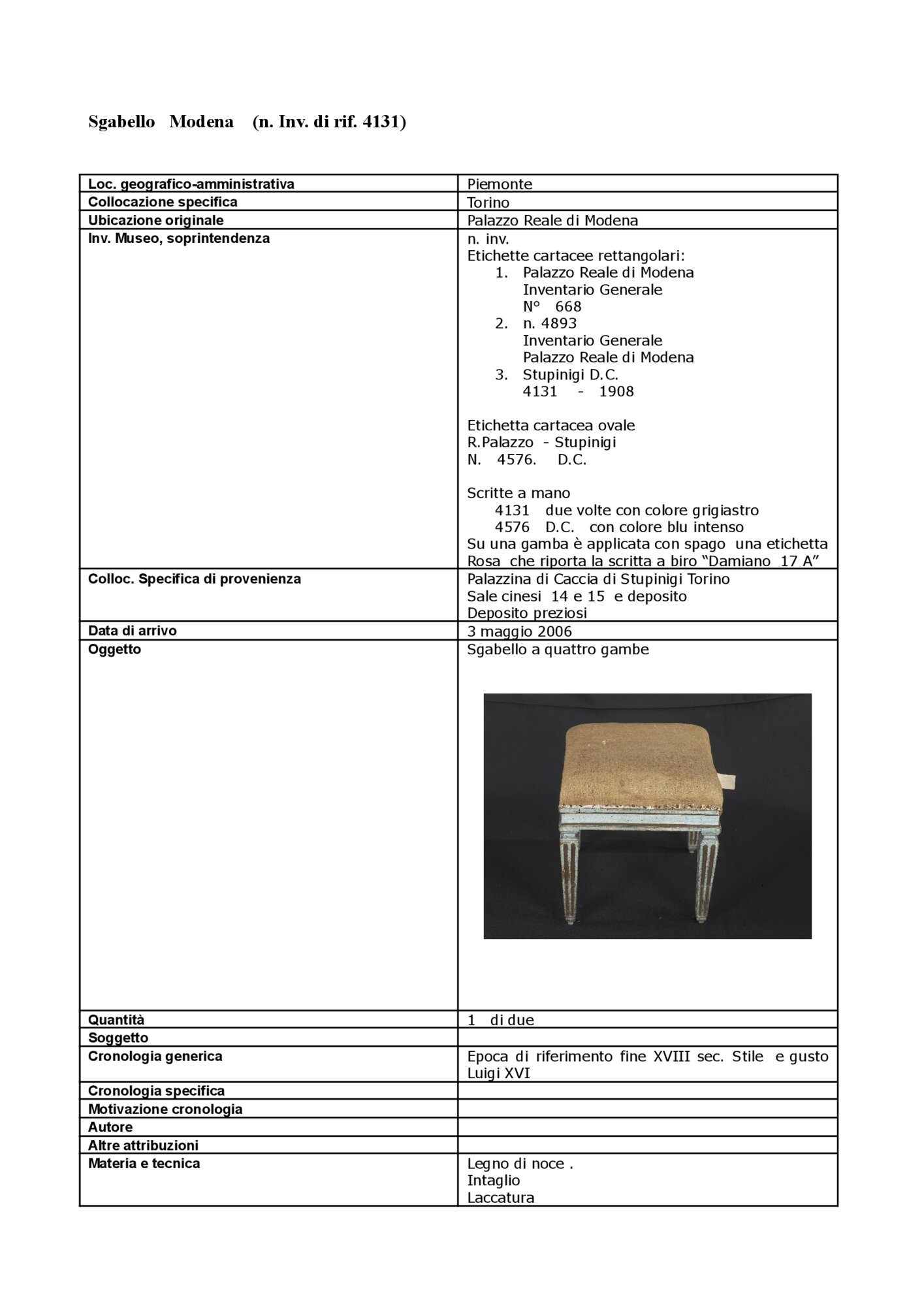 Data sheet of detection Stool inv. 4131