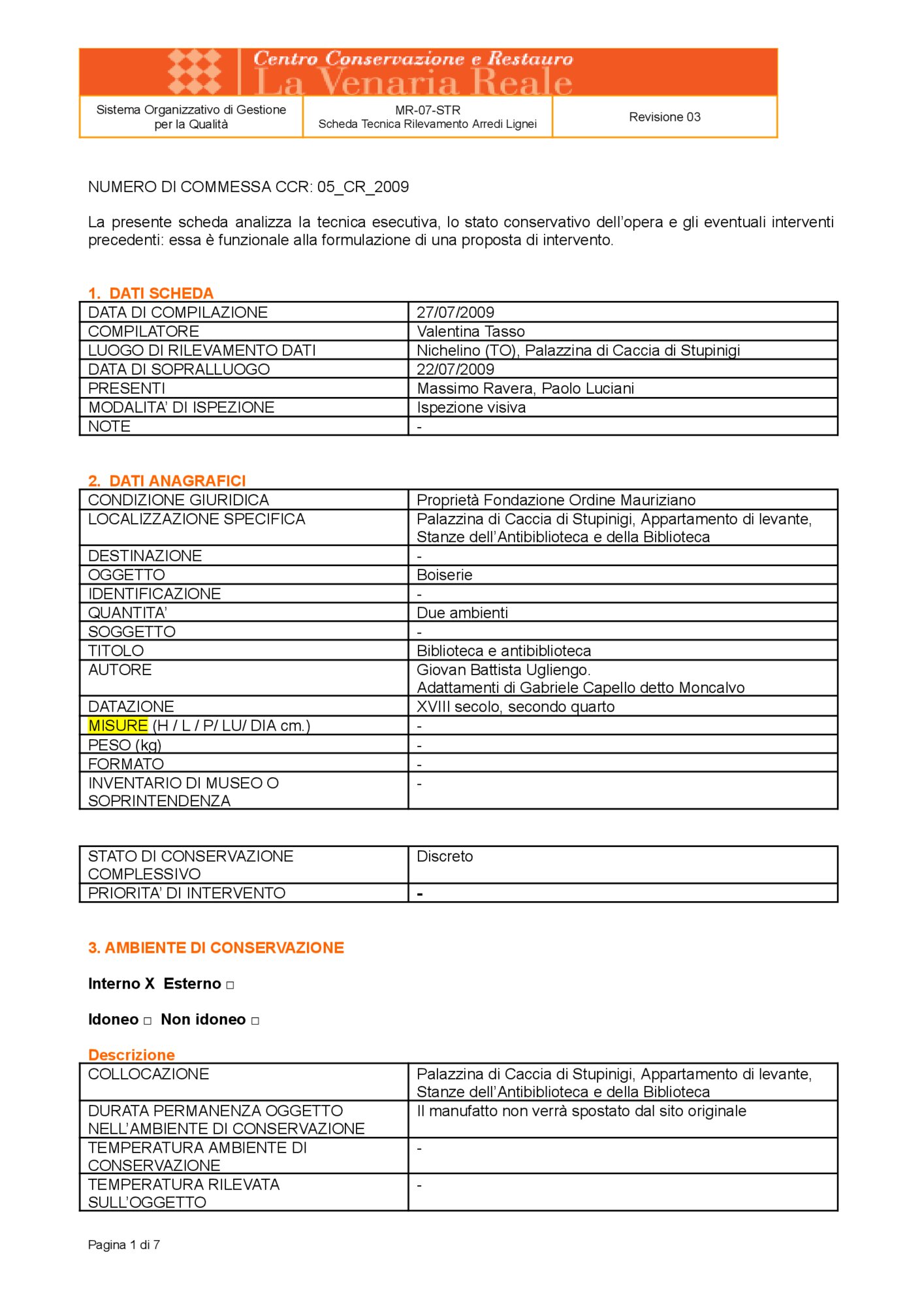 Scheda tecnica di rilevamento