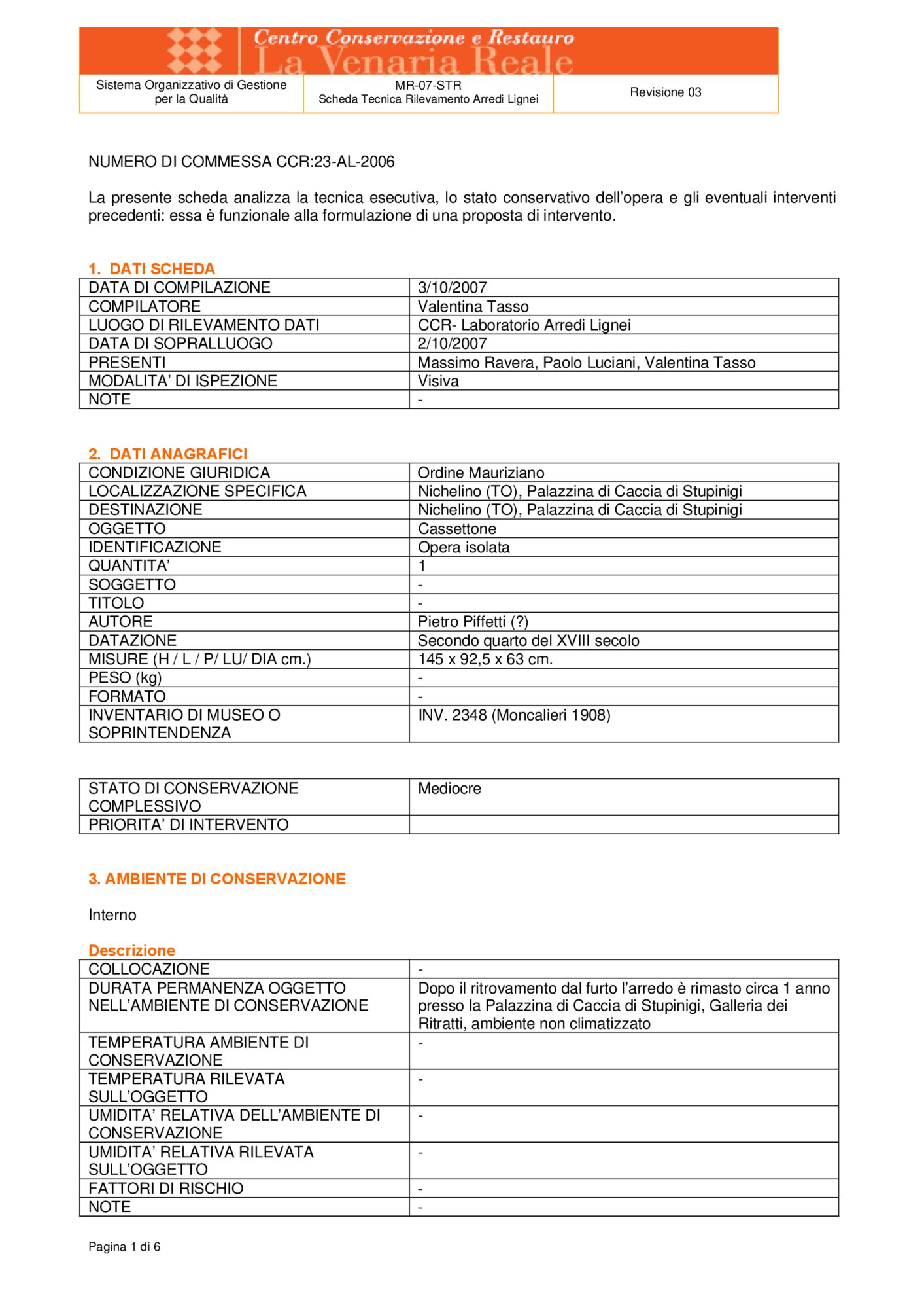 Detection data sheet