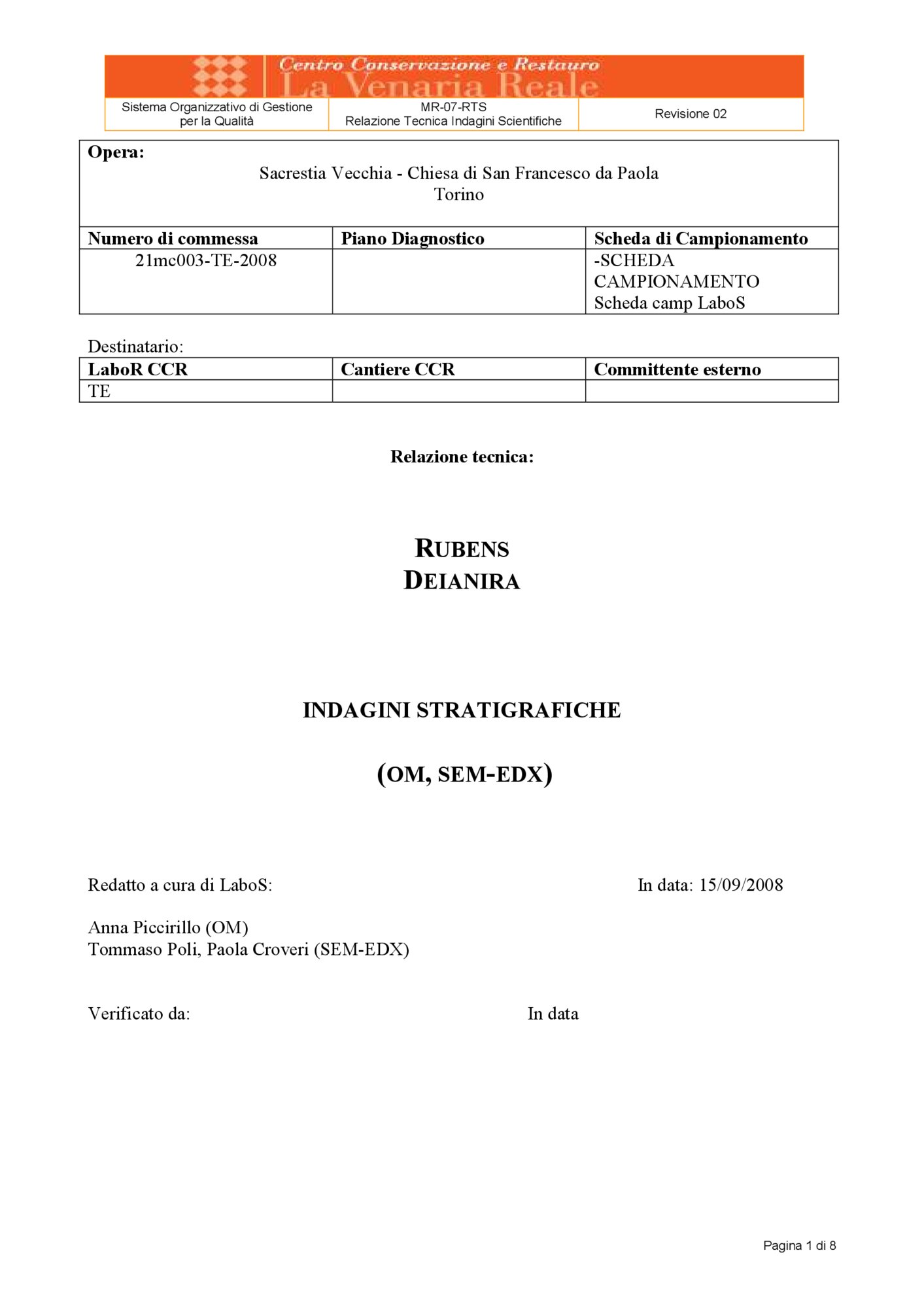 Relazione tecnica indagini scientifiche - analisi stratigrafiche OM, SEM-EDX