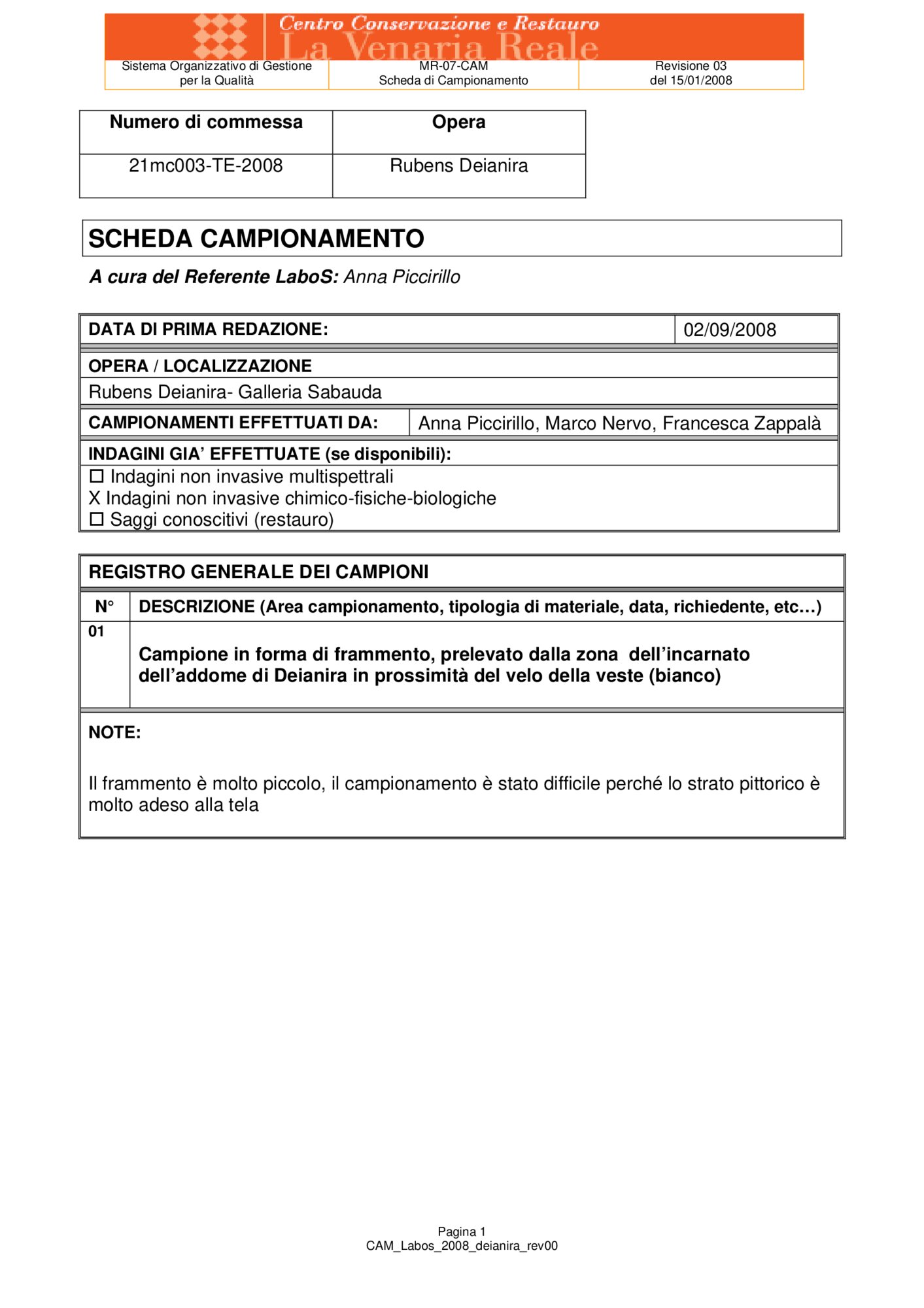 Scheda di campionamento