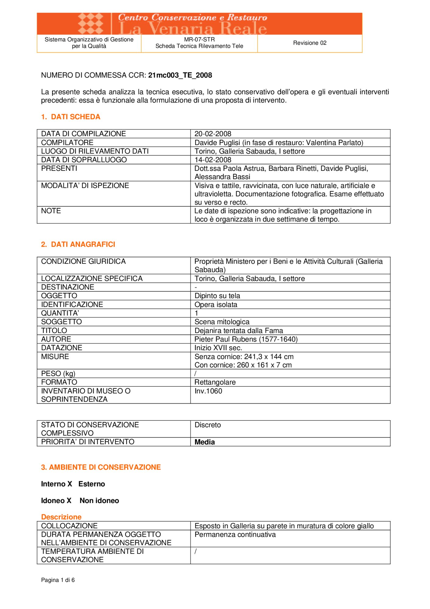 Scheda tecnica di rilevamento