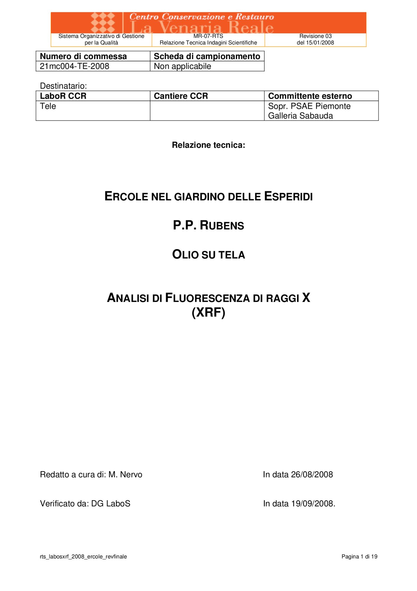Technical report scientific investigations - XRF fluorescence