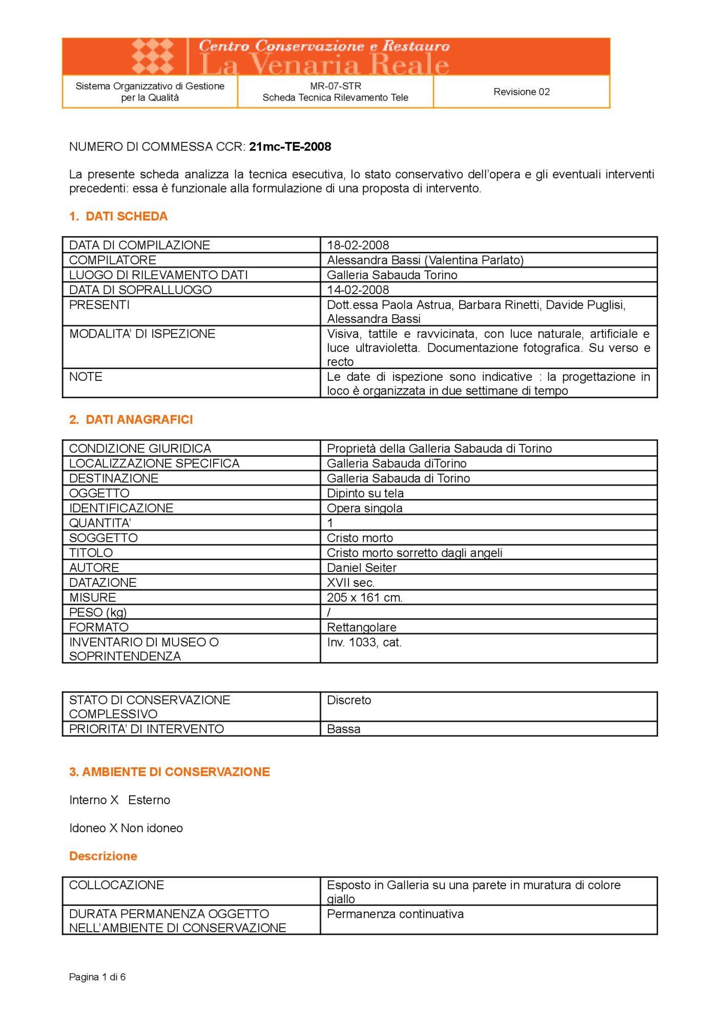 Scheda tecnica di rilevamento