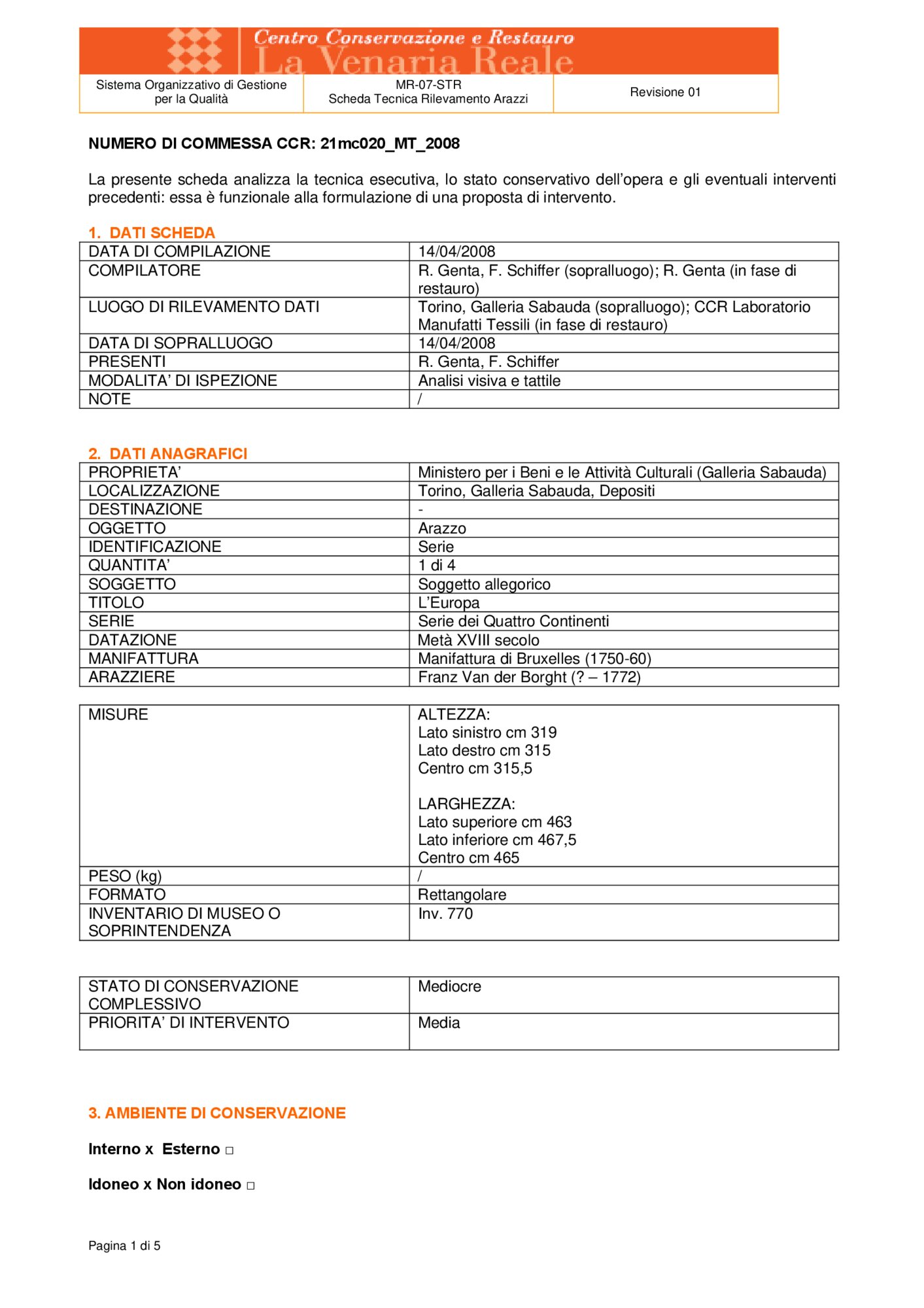 Scheda tecnica di rilevamento