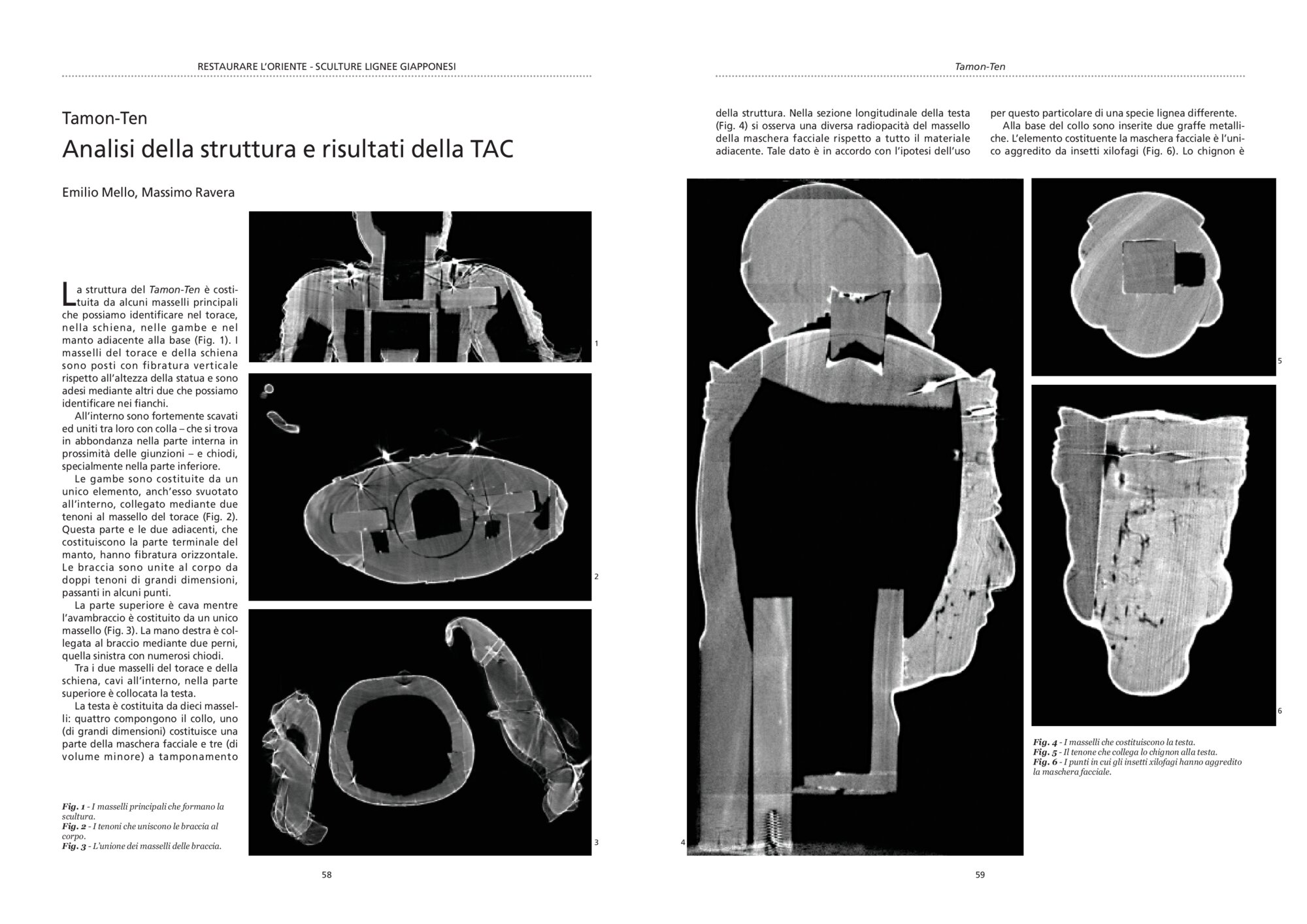 E. Mello, M. Ravera, Tamon-Ten Structure Analysis and Results of TAC in Restoring the East. Japanese wooden sculptures for the MAO in Turin, curated by Pinin Brambilla Barcilon, Emilio Mello, Florence, Nardini, 2008, pp. 58-65