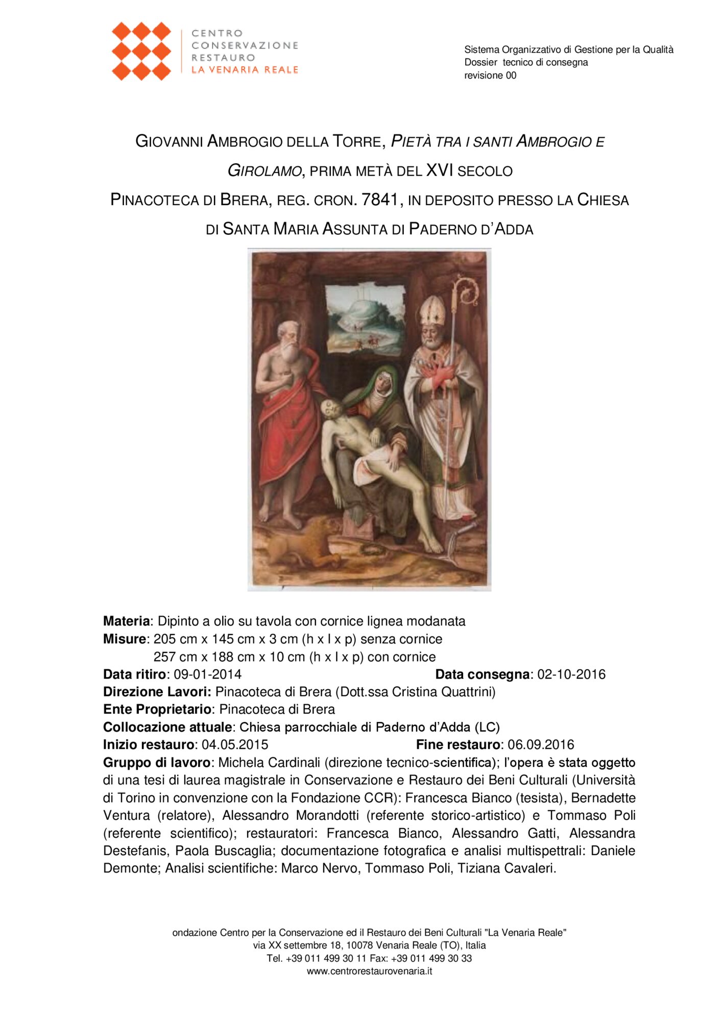 Restoration card, Pietà tra i santi Ambrogio e Girolamo, Paderno d'Adda