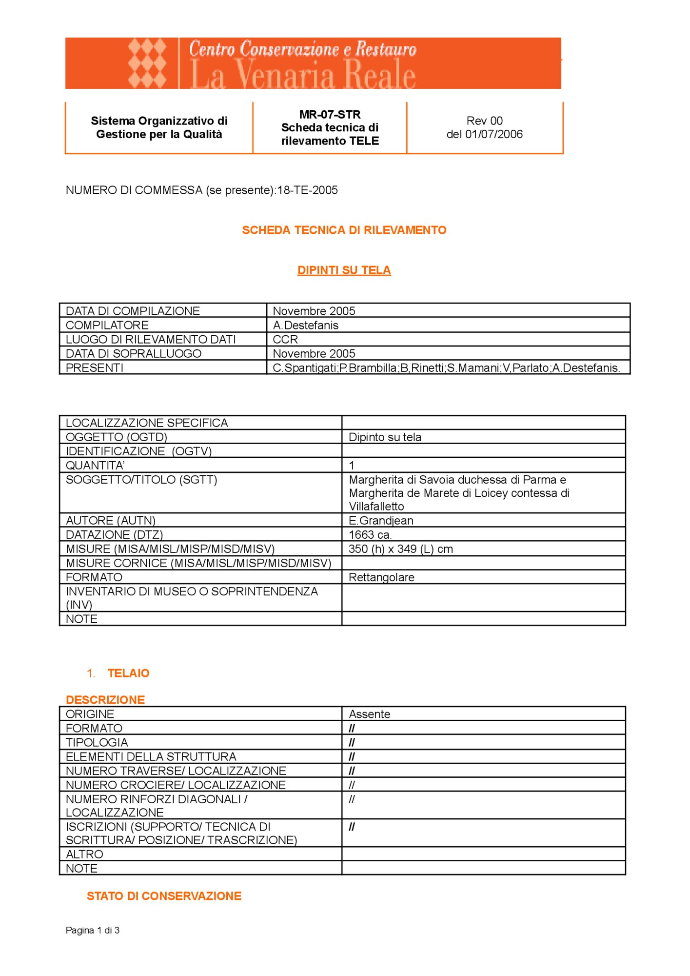 Scheda tecnica di rilevamento