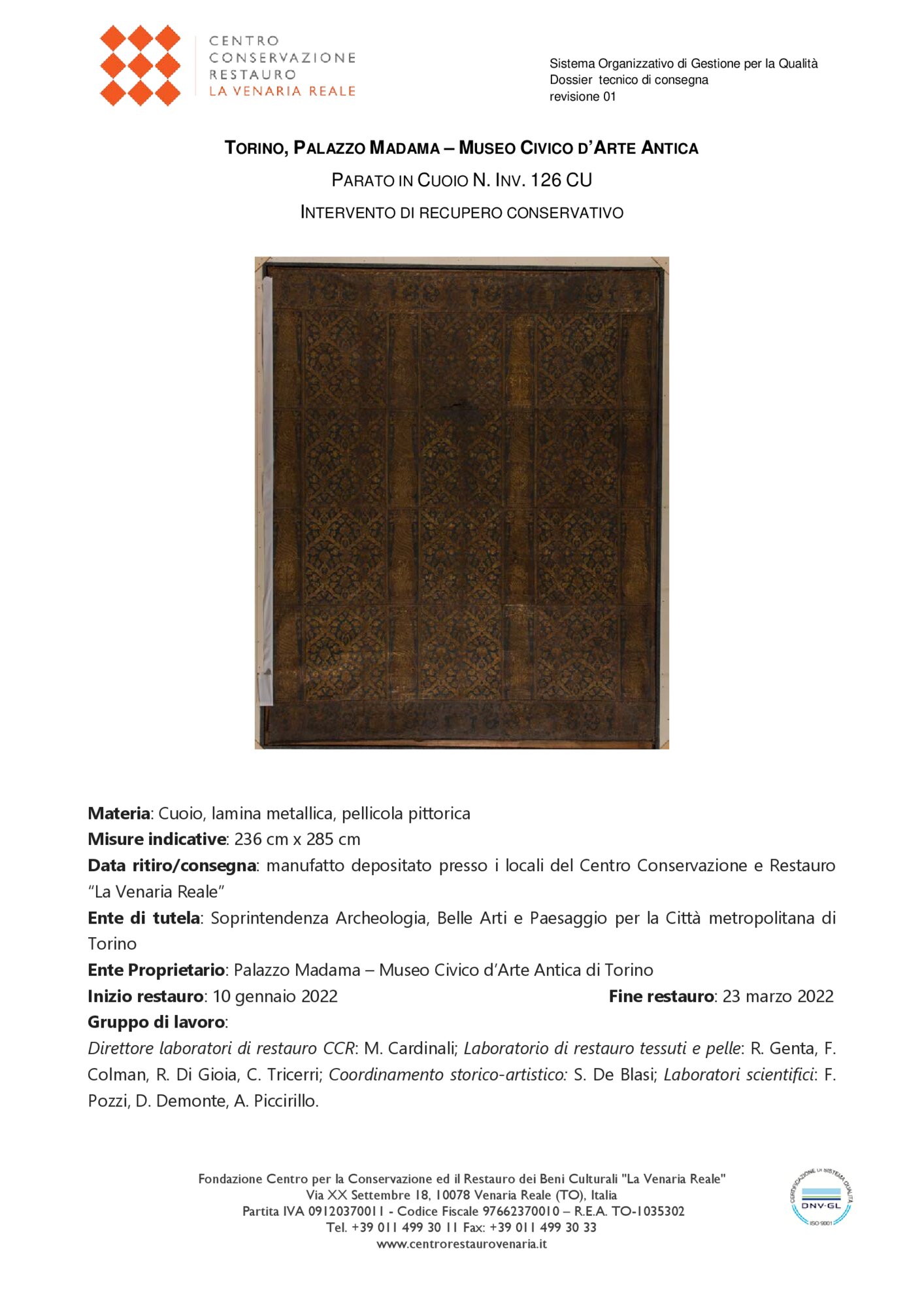 Relazione di restauro e indagini scientifiche