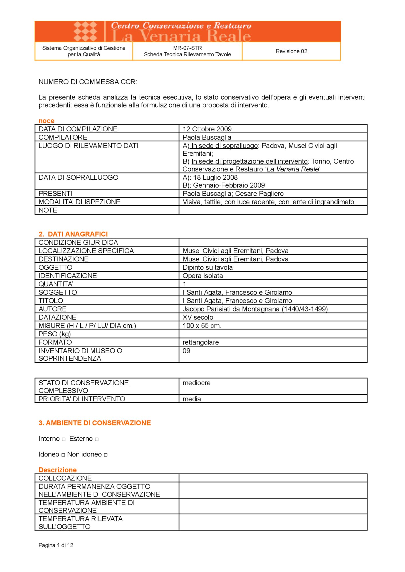 Scheda tecnica di rilevamento
