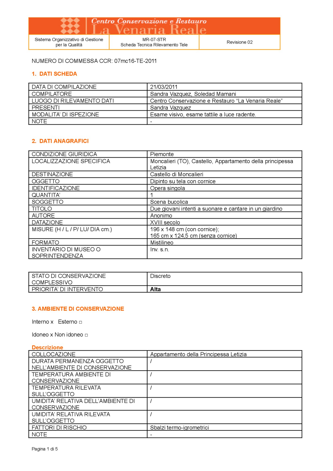 Scheda tecnica di rilevamento