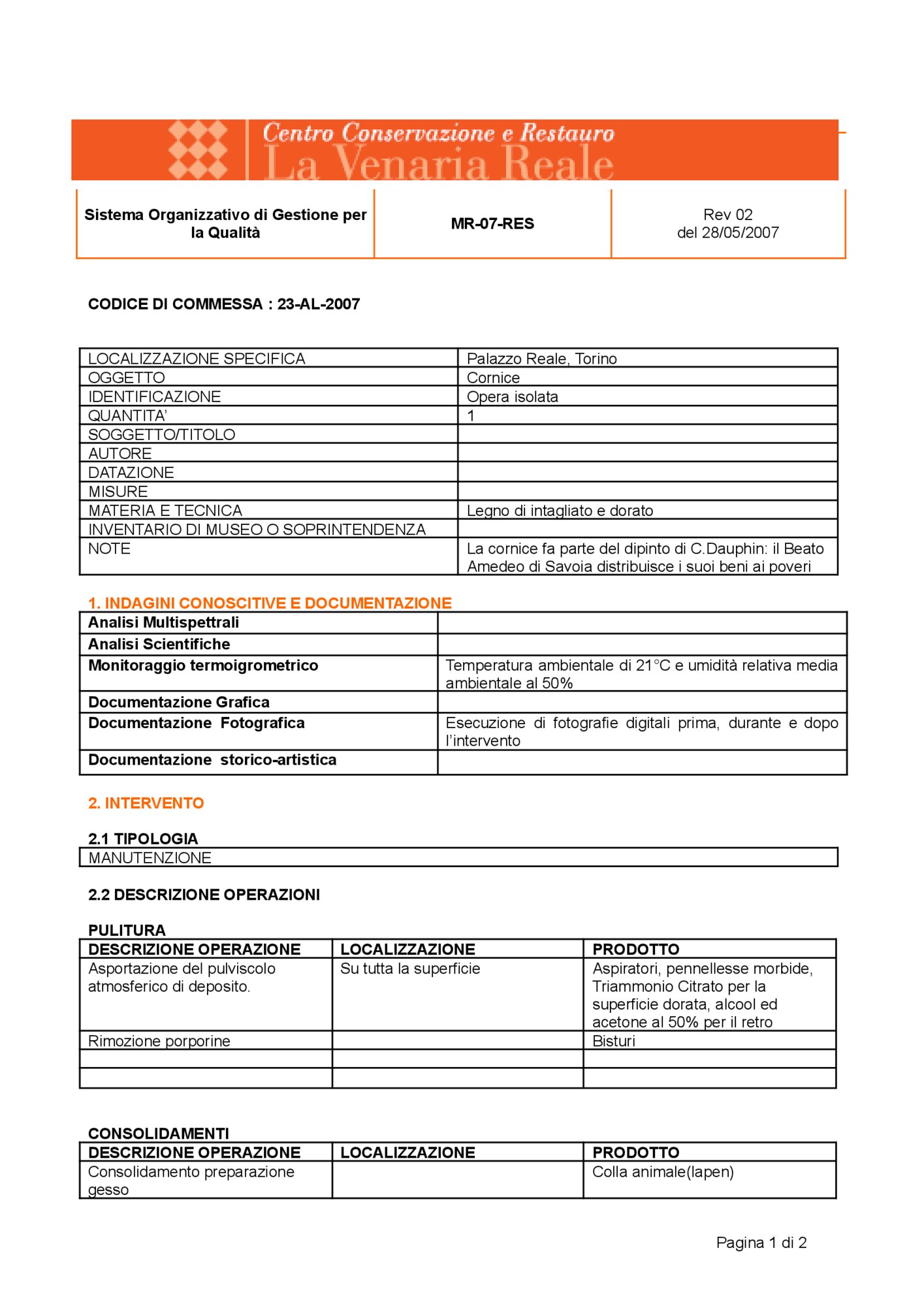 Scheda di restauro cornice
