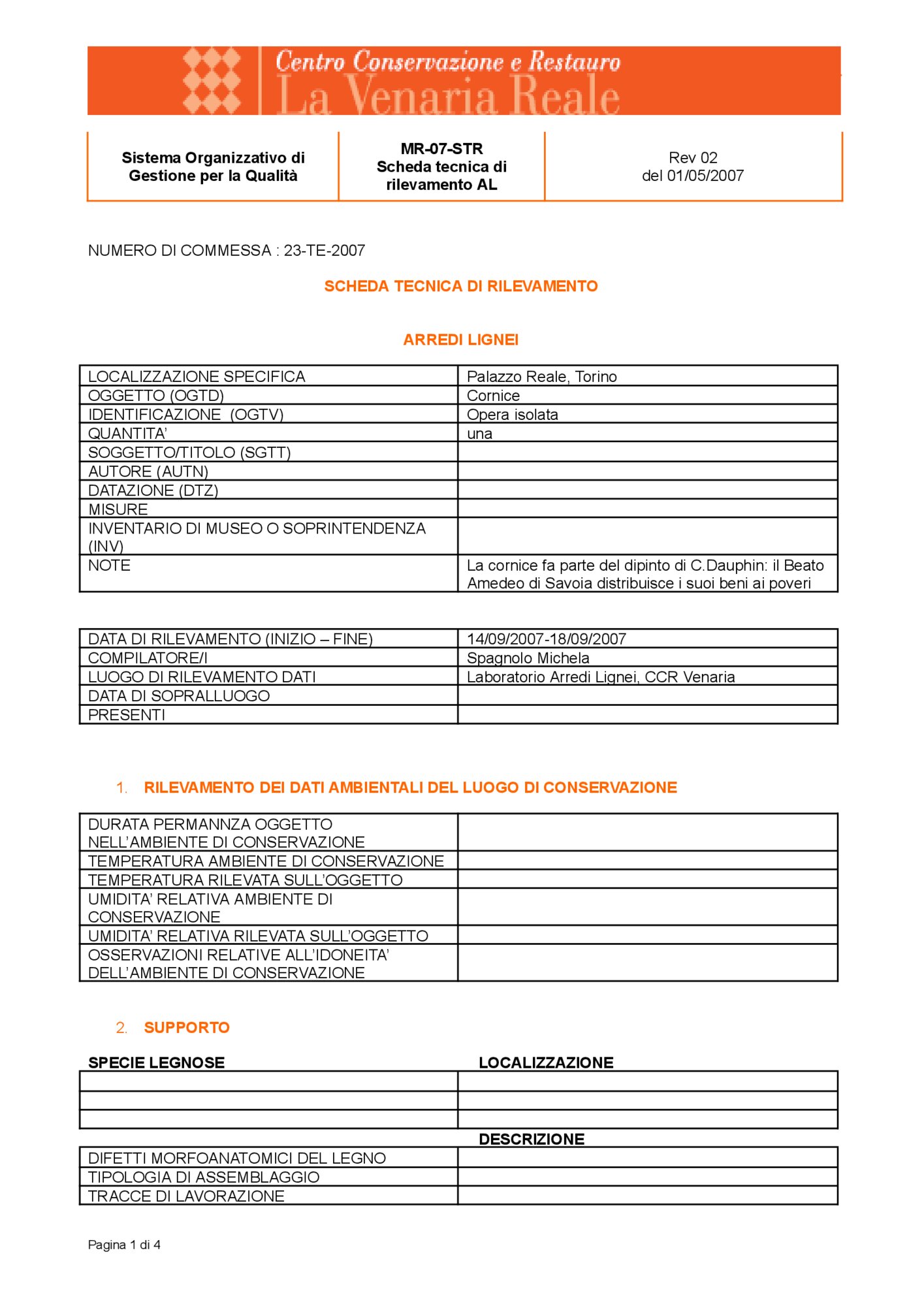 Scheda tecnica di rilevamento cornice