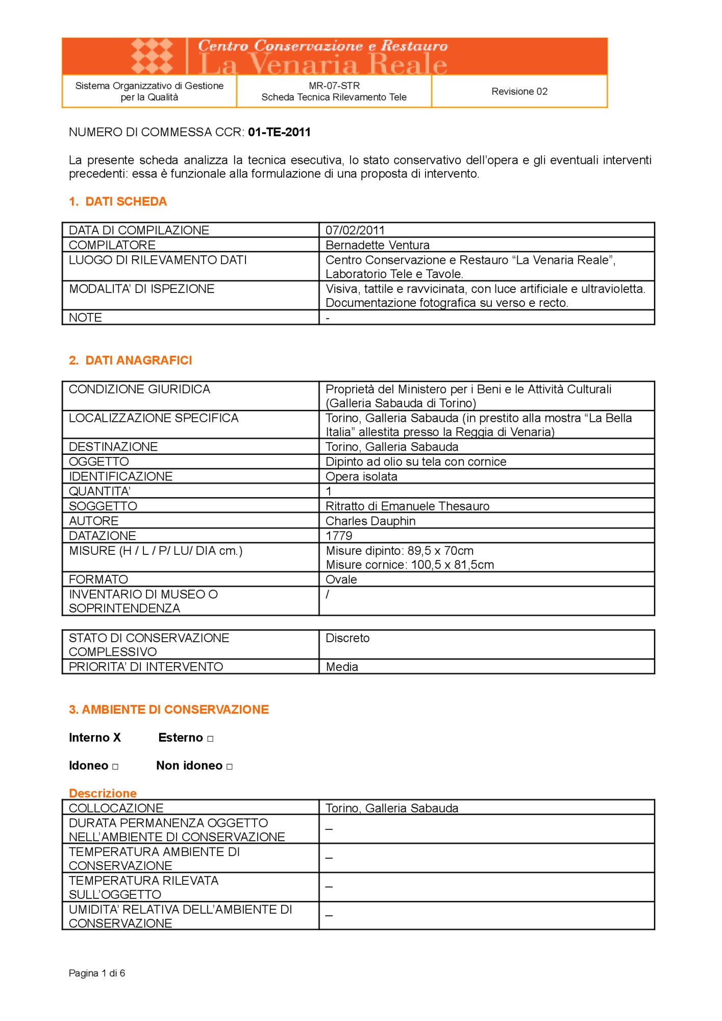 Scheda tecnica di rilevamento
