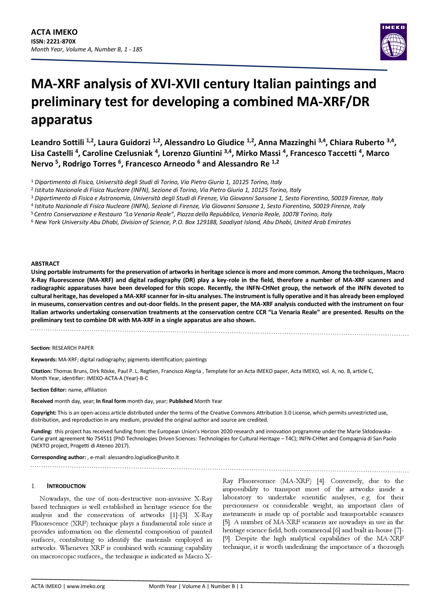 AAVV, MA-XRF analysis of XVI-XVII century Italian paintings and preliminary test for developing a combined MA-XRFDR apparatus, ACTA IMEKO