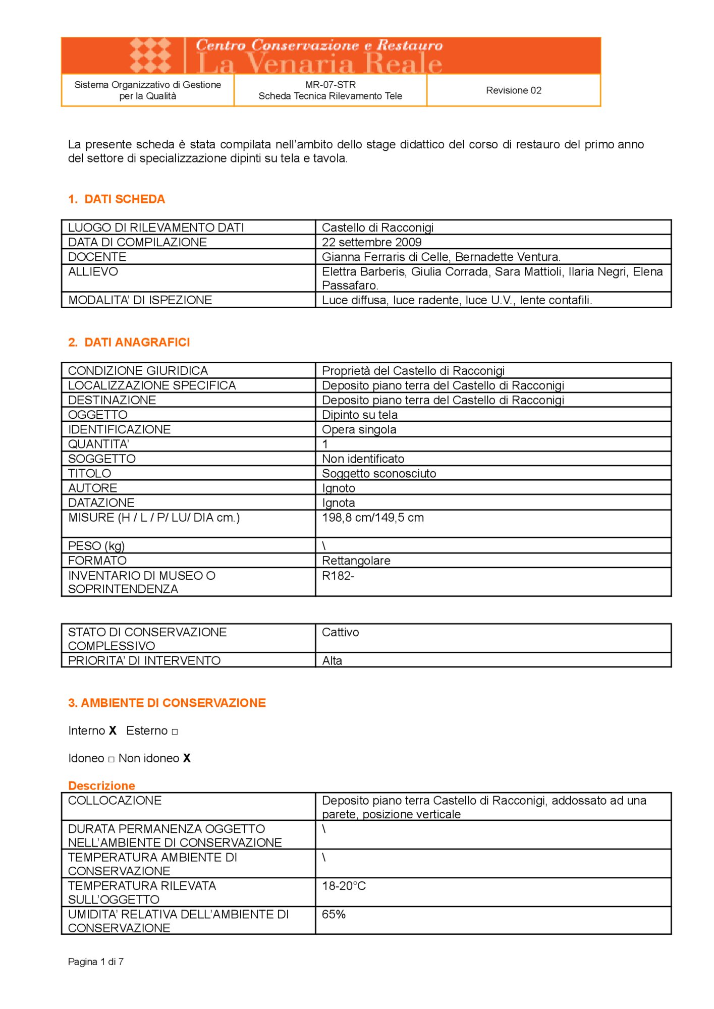 Scheda tecnica di rilevamento