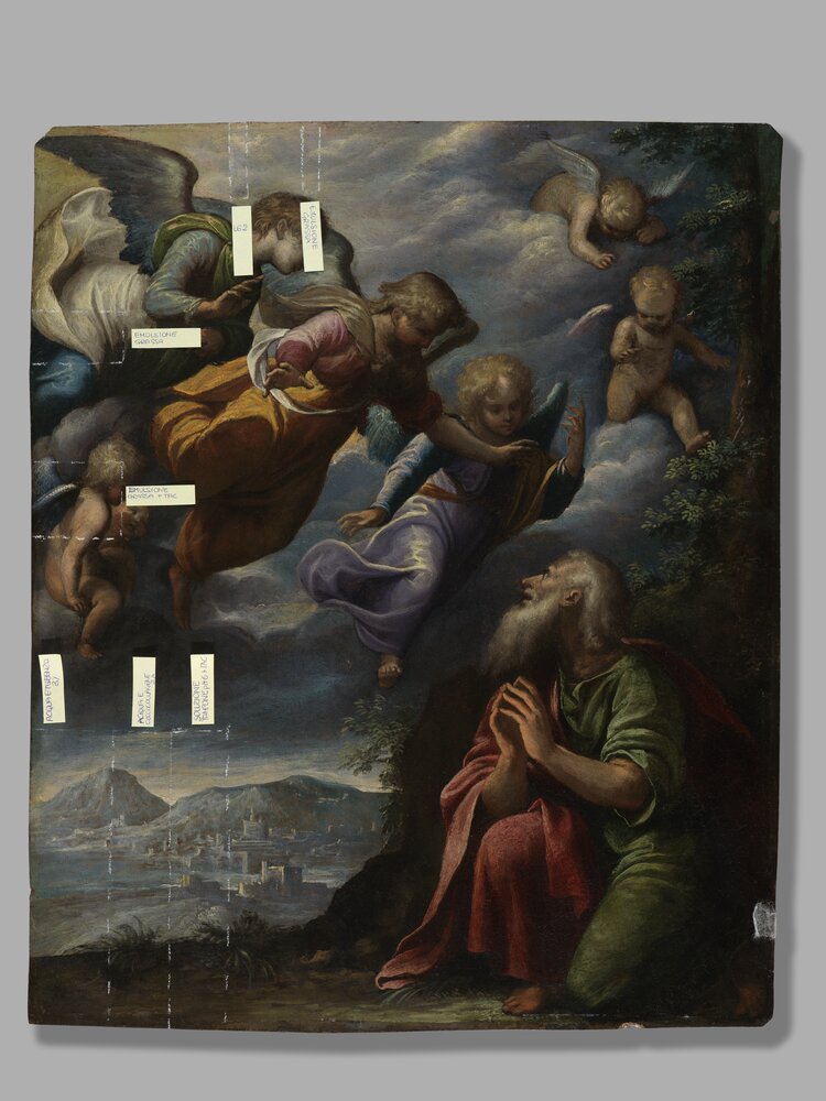 Galleria Sabauda, G. Caccia detto Moncalvo, Abramo e i tre angeli inv. 1088 - durante il restauro