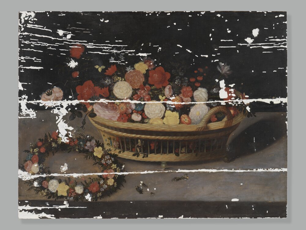 Moncalieri, Castello, Natura morta con canestra di fiori, inv. 364 - durante il restauro, stuccatura