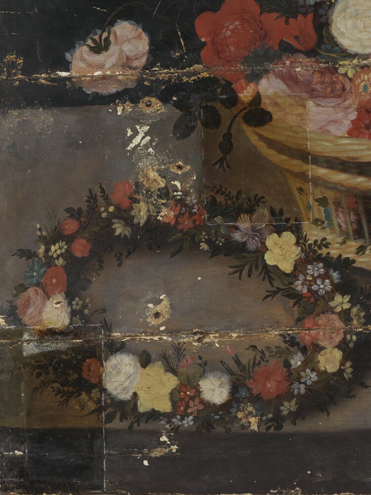 Moncalieri, Castello, Natura morta con canestra di fiori, inv. 364 - durante il restauro, pulitura