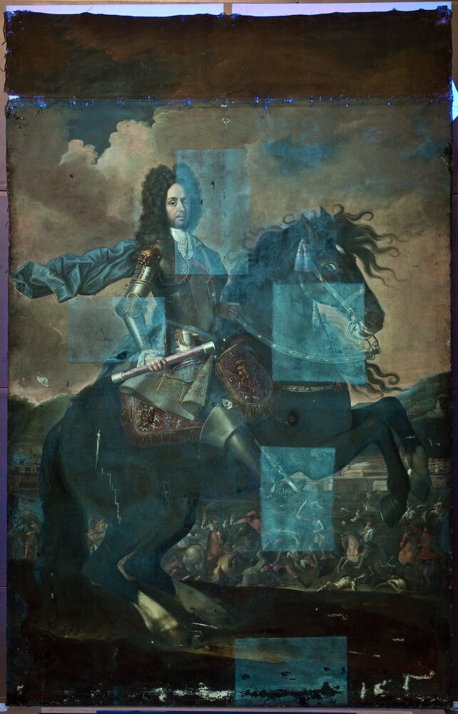 Biella, Palazzo La Marmora, Equestrian portrait of Prince Eugene - UV analysis during restoration