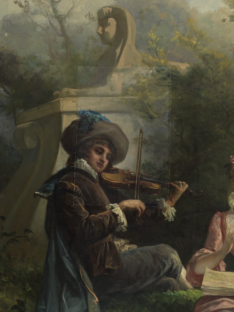 Moncalieri, Castello, Due giovani intenti a suonare e cantare in giardino - durante il restauro