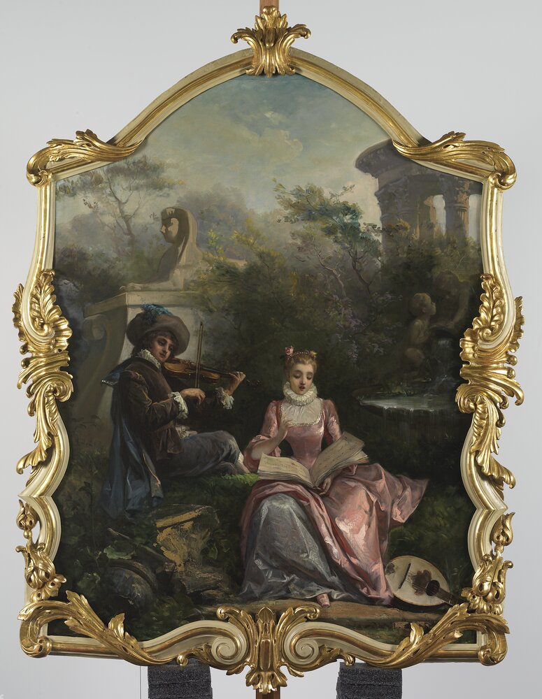 Moncalieri, Castello, Due giovani intenti a suonare e cantare in giardino - dopo il restauro