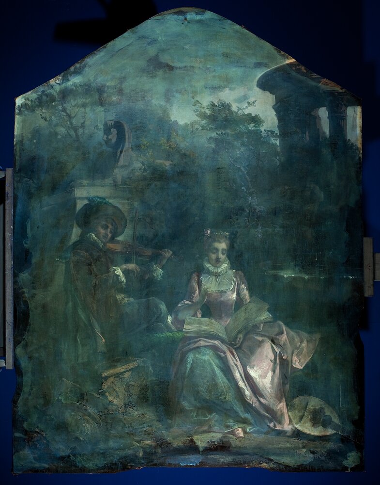 Moncalieri, Castello, Due giovani intenti a suonare e cantare in giardino - analisi UV