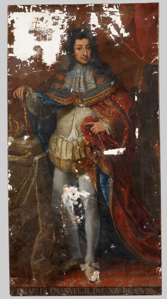 Venaria, Reggia, G. Panealbo (attr.), Ritratto di Carlo Emanuele II, inv. R 6467 - durante il restauro, stuccatura