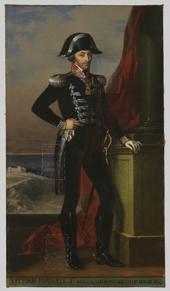 Venaria, Reggia, T. Lorenzone, Portrait of Vittorio Emanuele I, inv. R 2865 - during restoration
