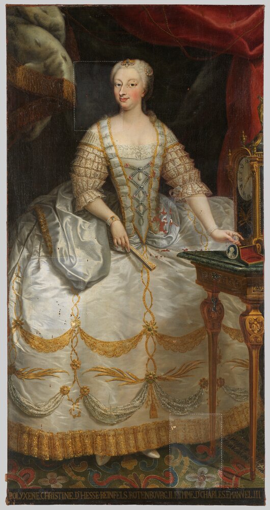 Venaria, Reggia, G. Panealbo (attr.), Portrait of Polissena Cristina of Hesse Rheinfels, inv. R 6473 - during restoration, cleaning