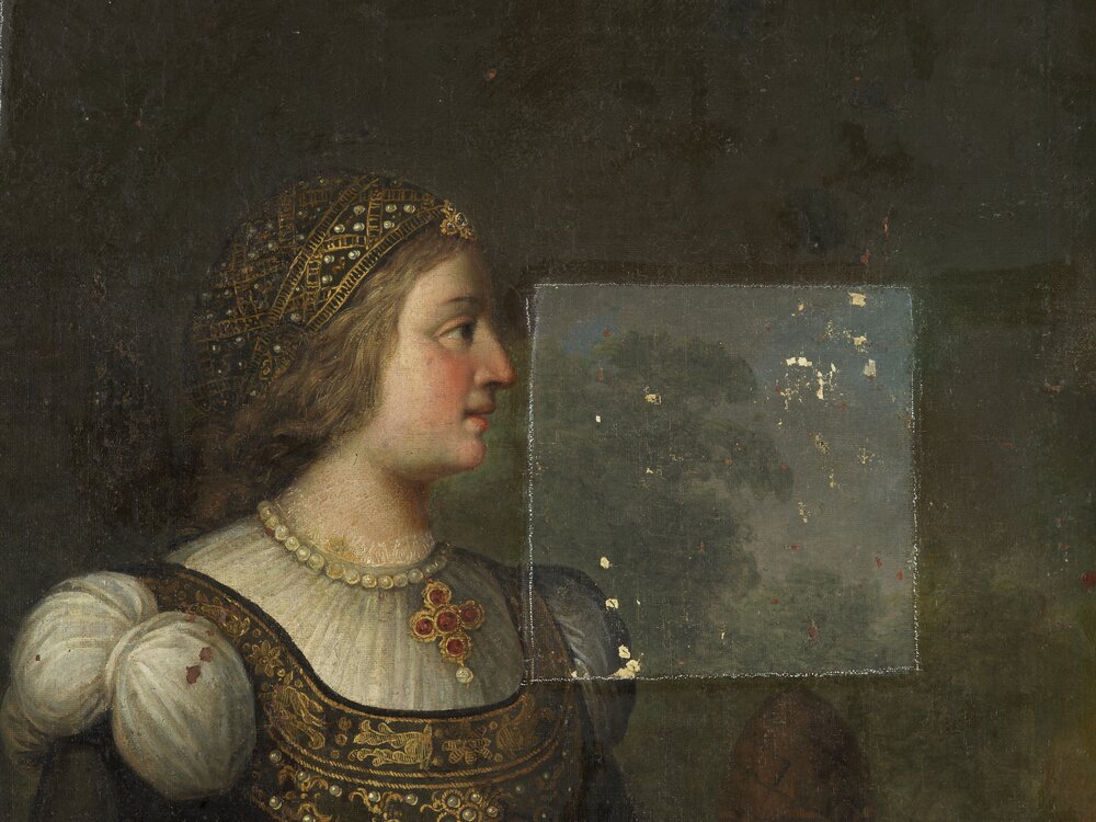 Venaria, Reggia, V. A. Grassi, Portrait of Beatrice of Geneva, inv. R 1518 - during restoration, cleaning