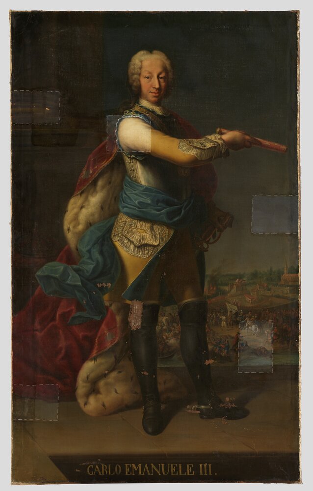 Venaria, Reggia, G. Panealbo (attr.), Portrait of Carlo Emanuele III, inv. R 6469 - during restoration