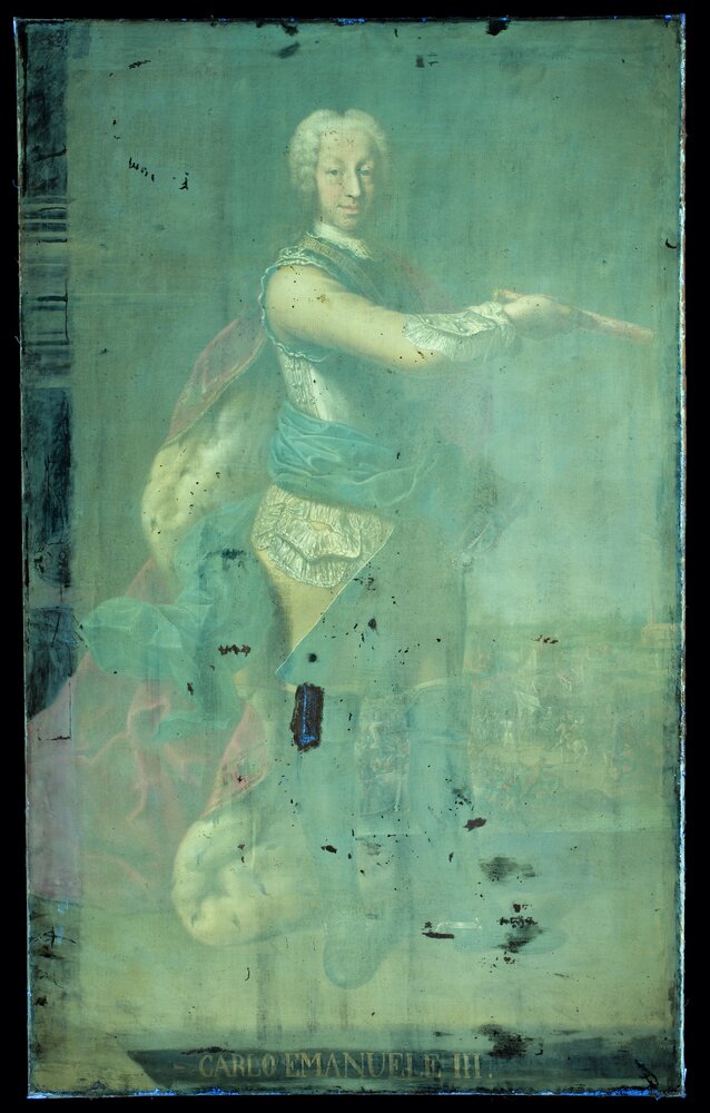 Venaria, Reggia, G. Panealbo (attr.), Portrait of Carlo Emanuele III, inv. R 6469 - UV analysis