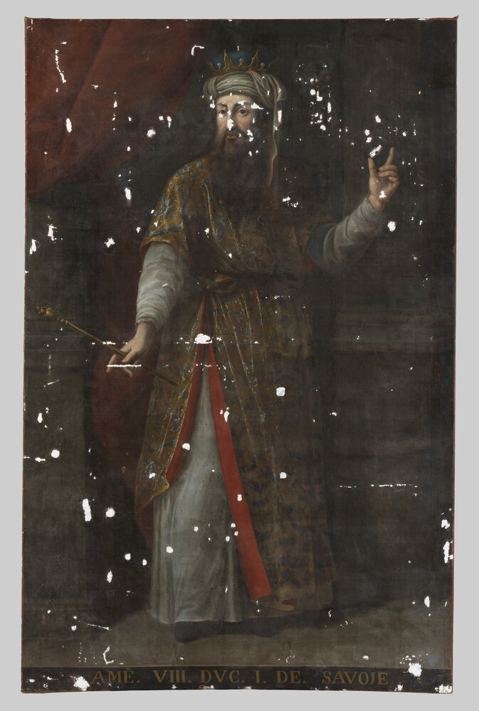 Venaria Reale, Reggia, G. Panealbo (attr.), Portrait of Amadeus VIII, inv. R 1512 - during restoration, grouting