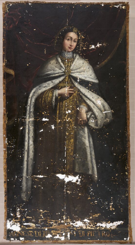 Venaria, Royal Palace, Portrait of Agnes by Faucigny, inv. R 1484 - during restoration, grouting