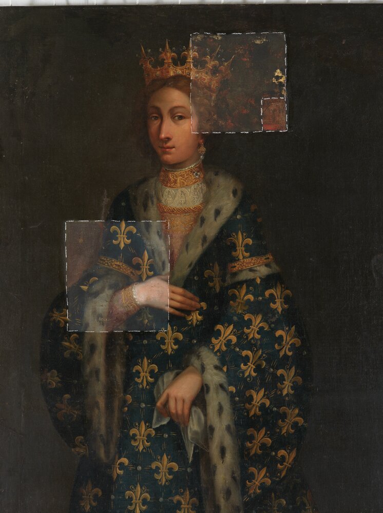 Venaria, Reggia, Ritratto di Bona di Berry, inv. R 1503 - durante il restauro, pulitura