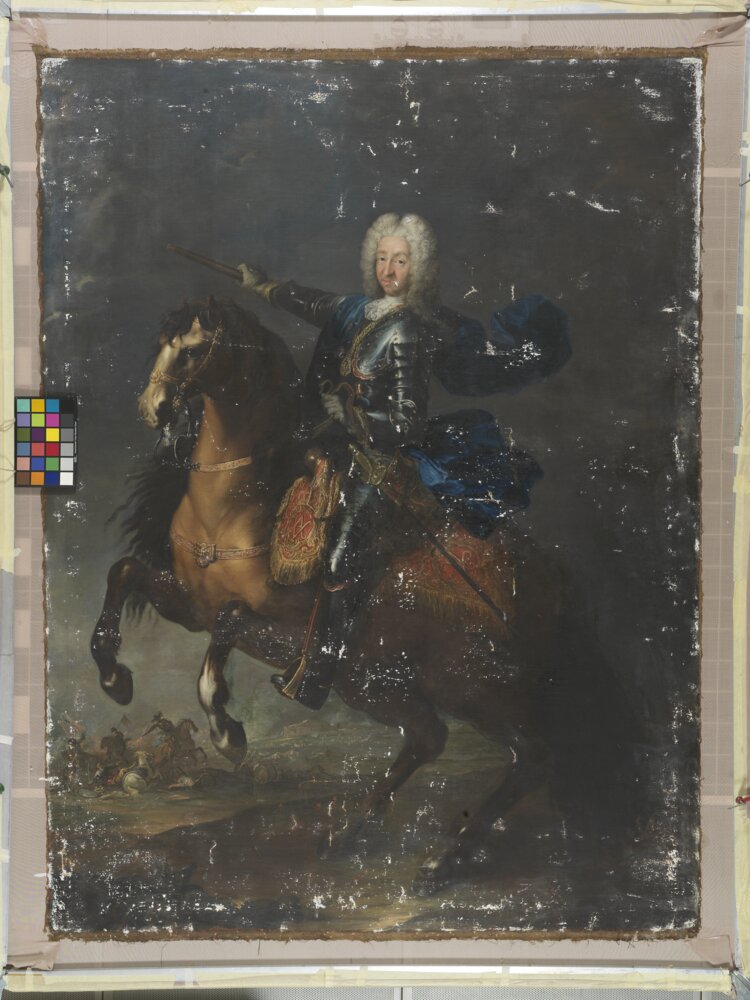 Venaria Reale, Reggia di Venaria, M. G. B. Clementi (Clementina), Ritratto di Vittorio Amedeo II - durante il restauro, stuccatura