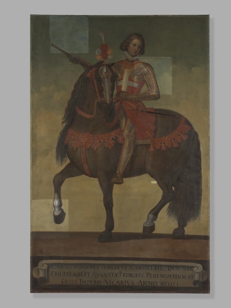 Moncalieri, Castle, Equestrian Portrait of Carlo Giovanni Amedeo di Savoia, inv. 300 - during restoration, cleaning